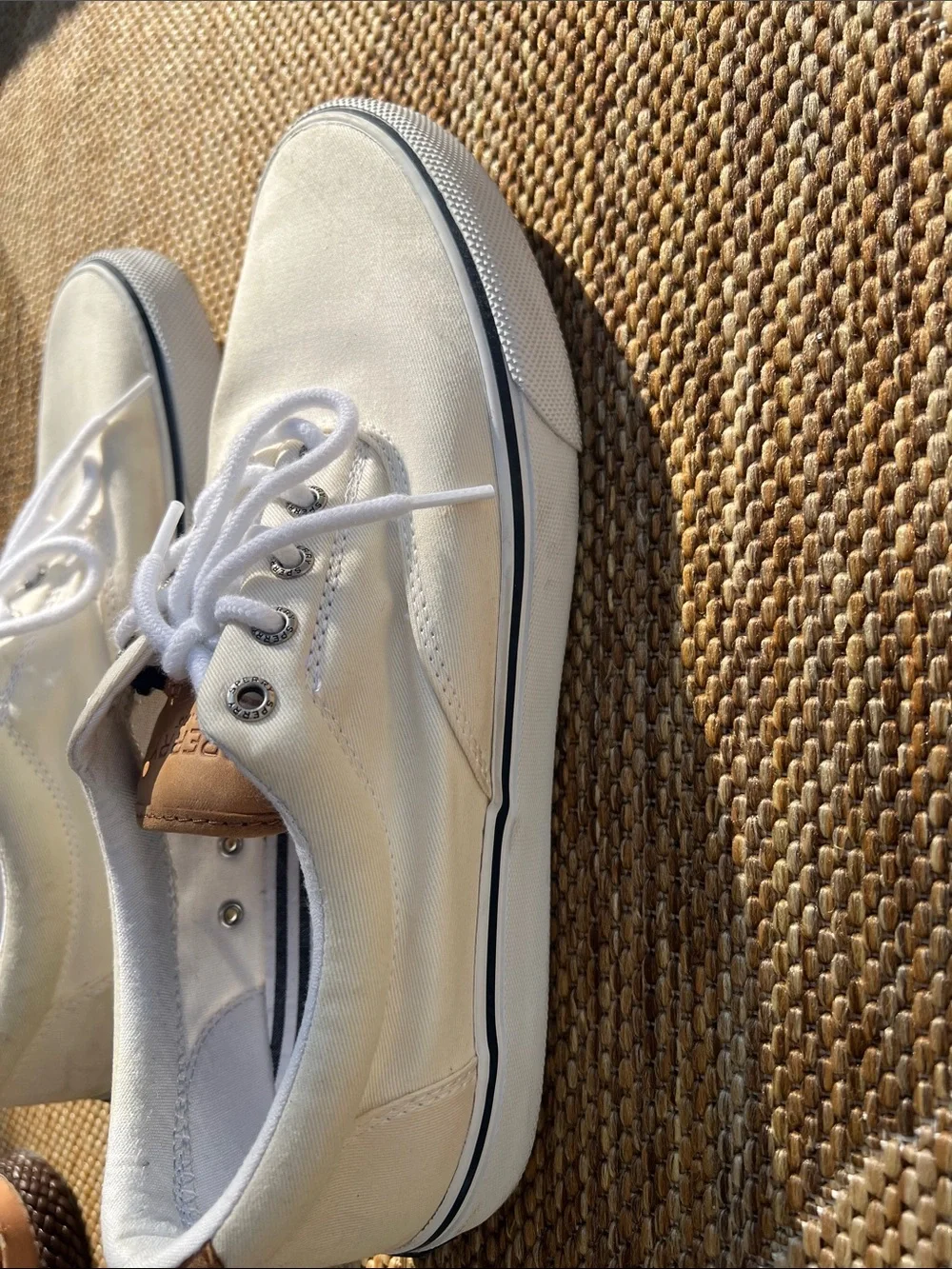 Sperry White Canvas Men's Boat Shoes with Tan Accents Size 11
